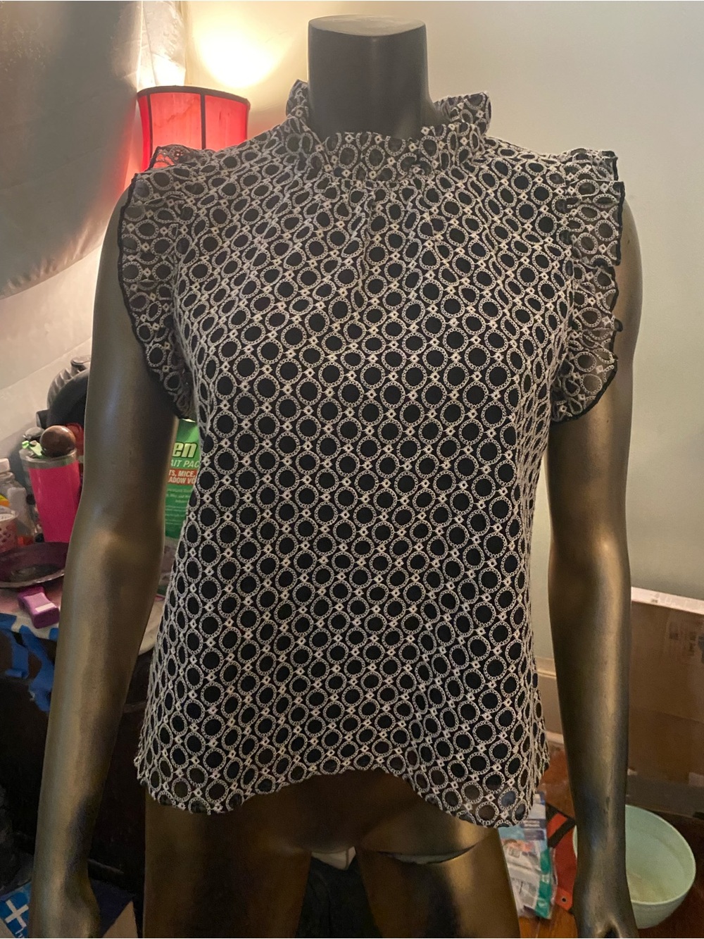 THML Black & White Ruffle-Neck Geometric Sleeveless Top